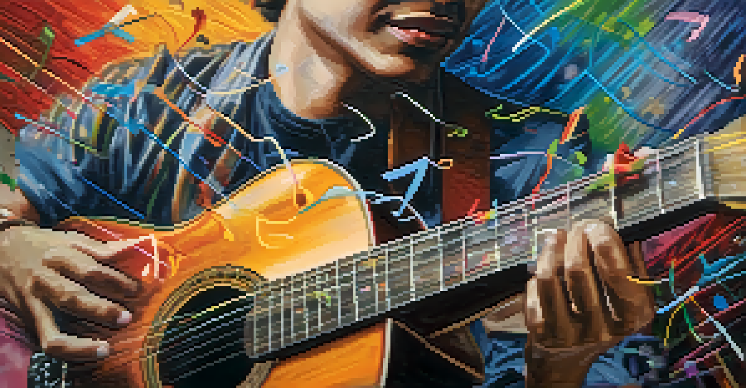 A close-up of a hand on a guitar with colorful chord charts in the background, showcasing collaboration in music.