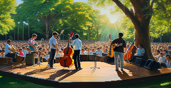 A peaceful outdoor setting with musicians playing guitars on a stage surrounded by trees and sunlight.