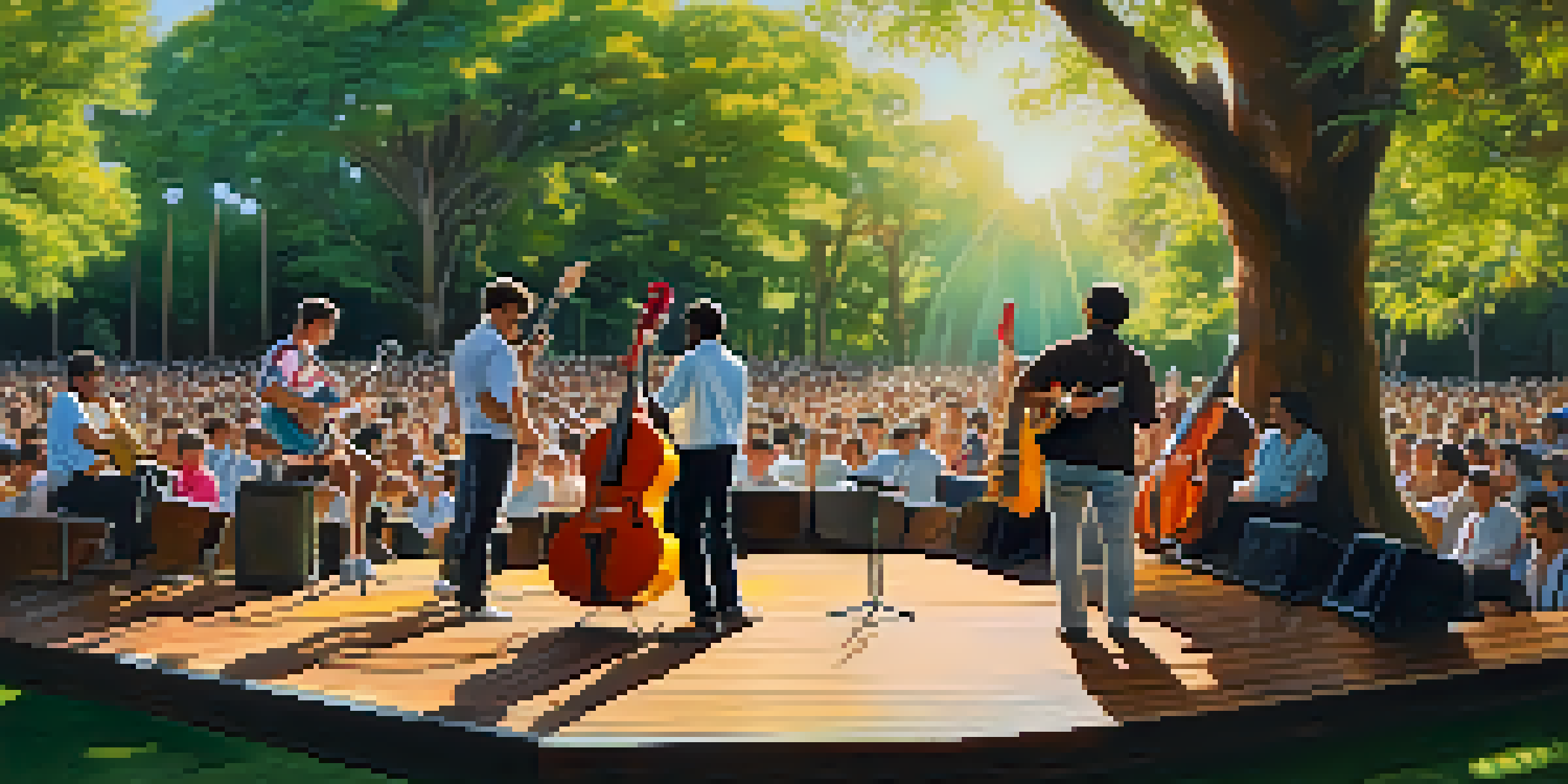 A peaceful outdoor setting with musicians playing guitars on a stage surrounded by trees and sunlight.