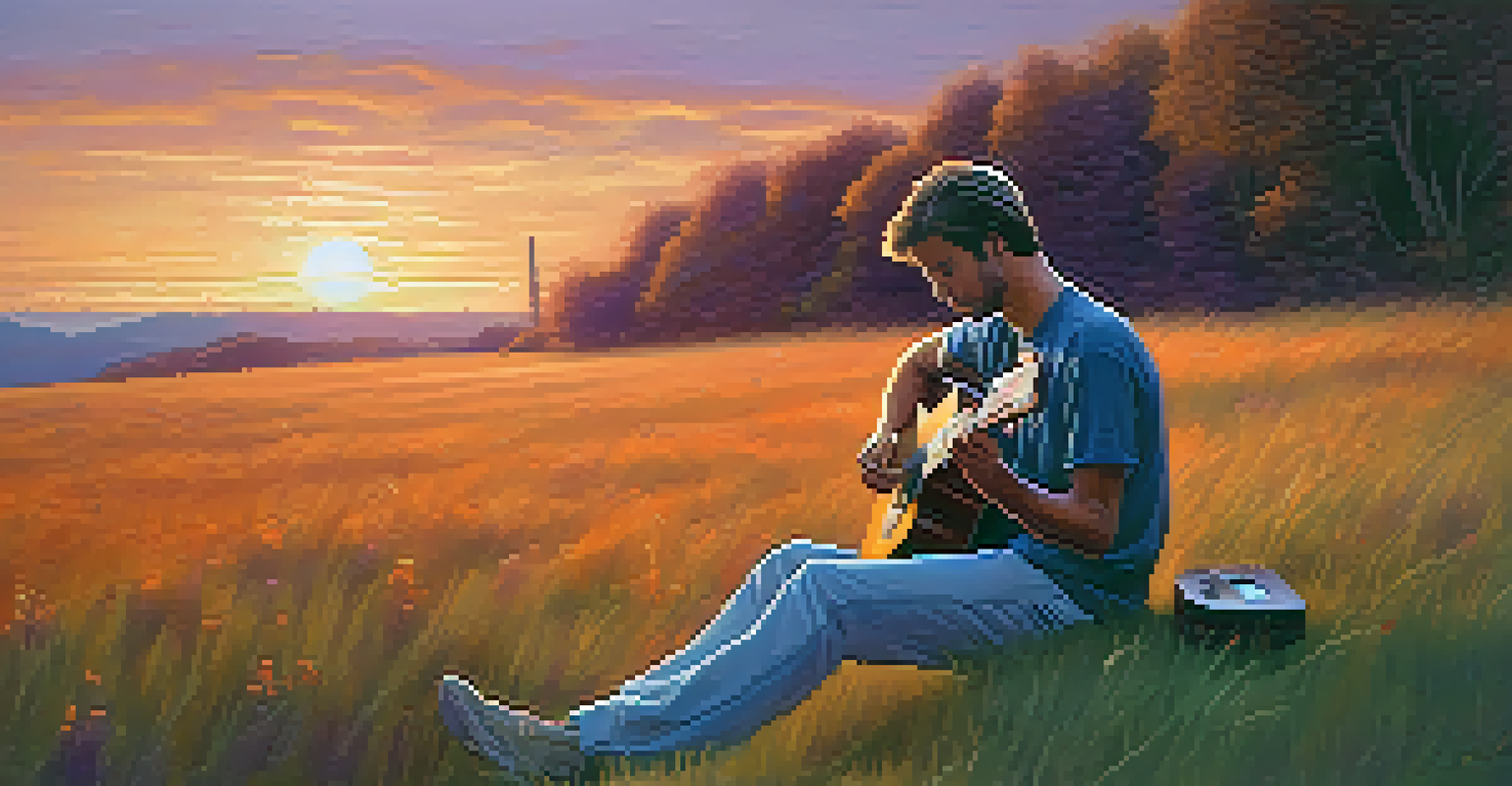 A guitarist sitting on a hill at sunset, strumming their guitar with a colorful sky in the background.