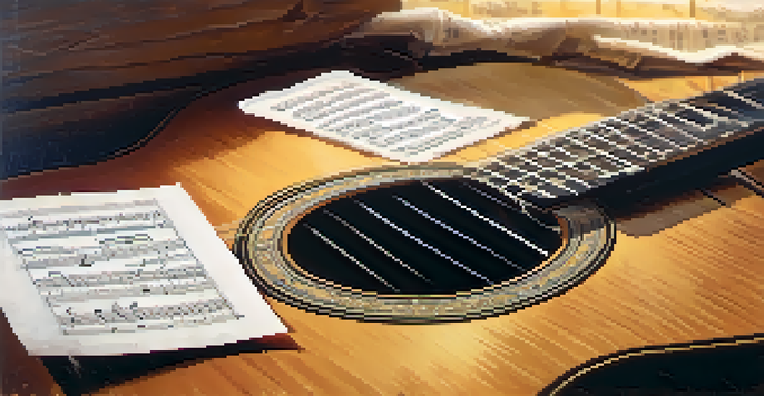 A close-up of an acoustic guitar on a wooden table with scattered sheet music, illuminated by soft warm lighting.