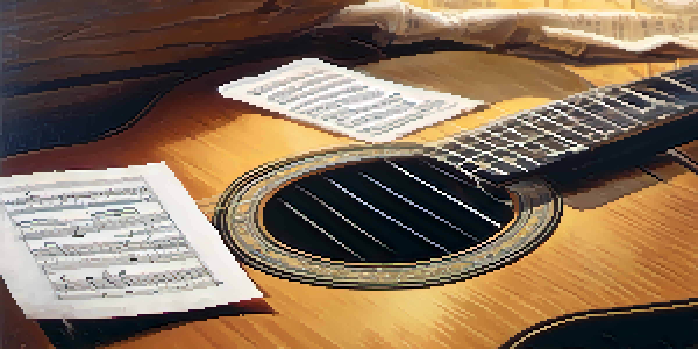 A close-up of an acoustic guitar on a wooden table with scattered sheet music, illuminated by soft warm lighting.