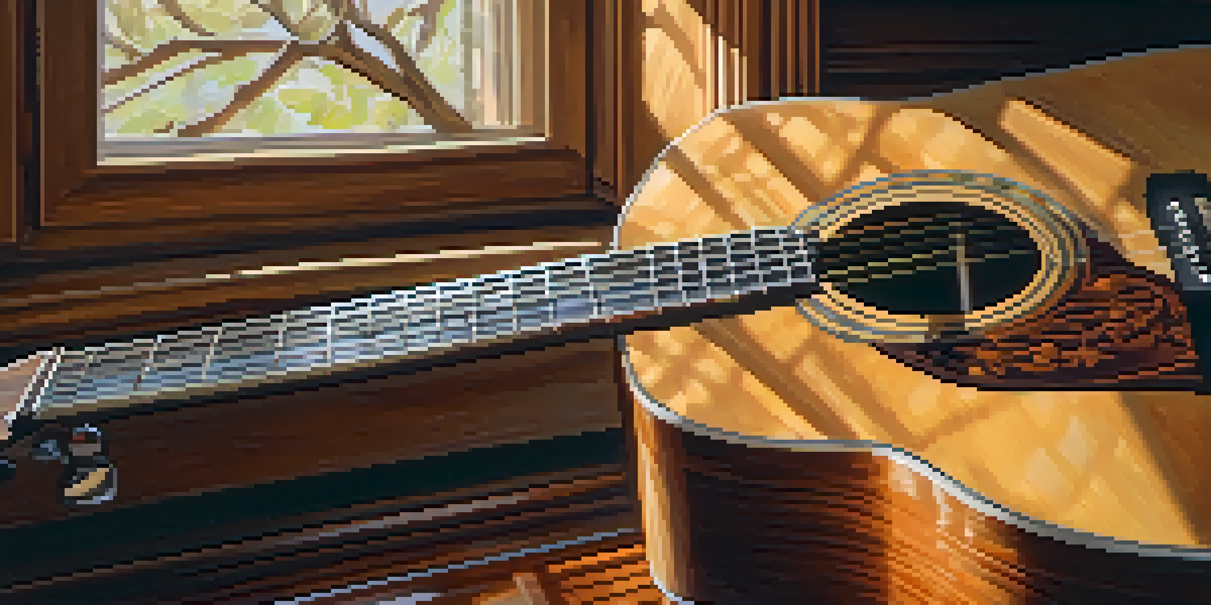 A detailed view of an acoustic guitar on a wooden table in a cozy room, illuminated by soft natural light.