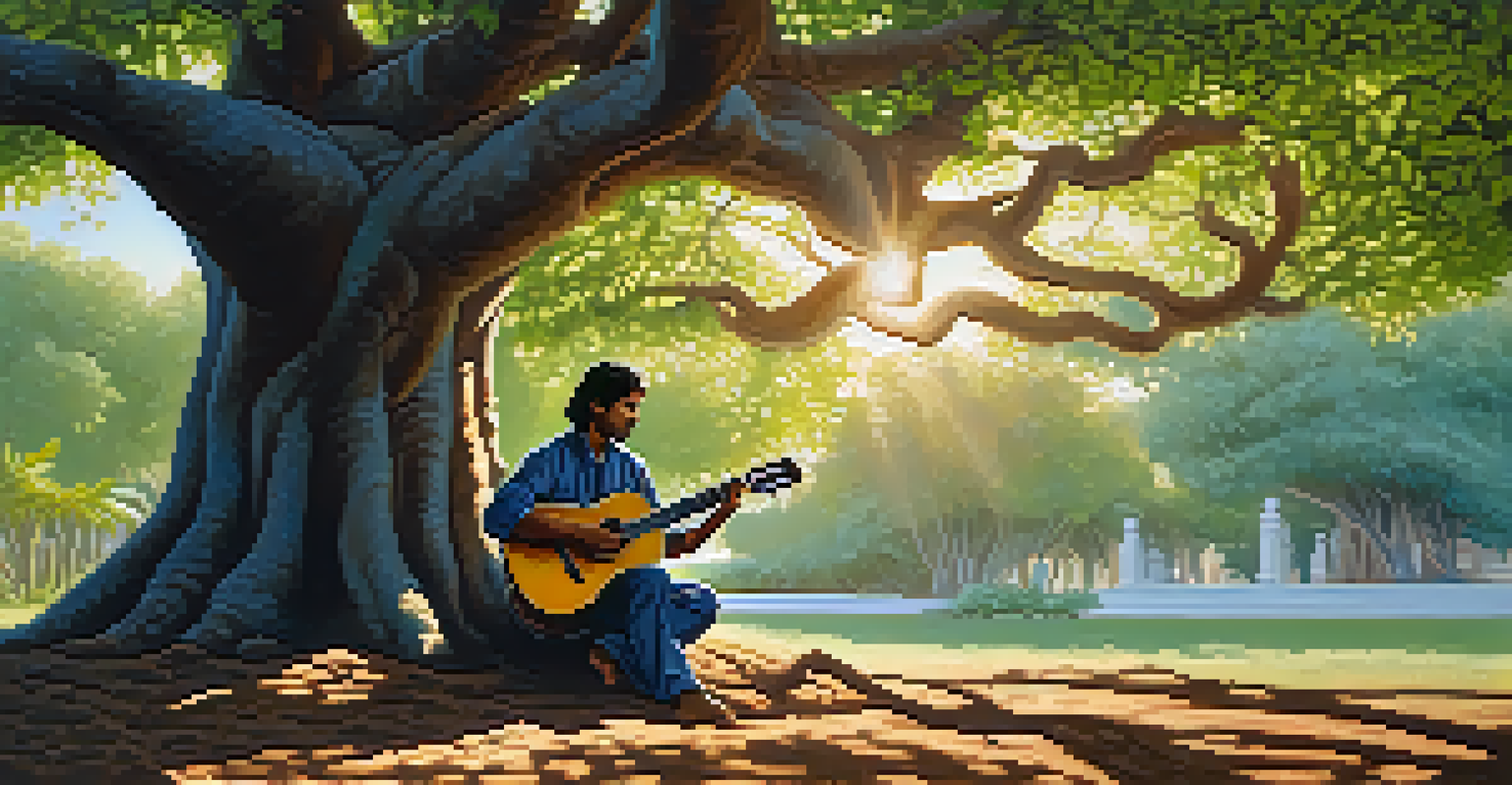 A young Indian classical guitarist practicing under a banyan tree, surrounded by nature and dappled sunlight.