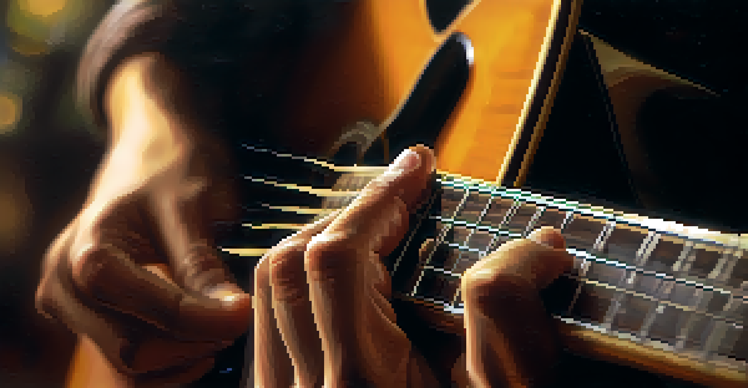 A close-up of a musician's hands playing guitar, emphasizing the fretboard and chord shapes.