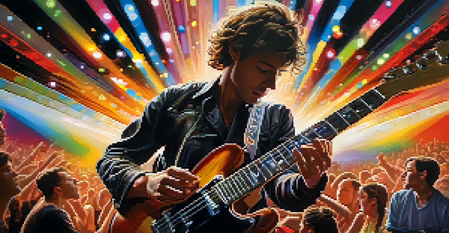A guitarist performing passionately on stage with colorful lights and effects swirling around.