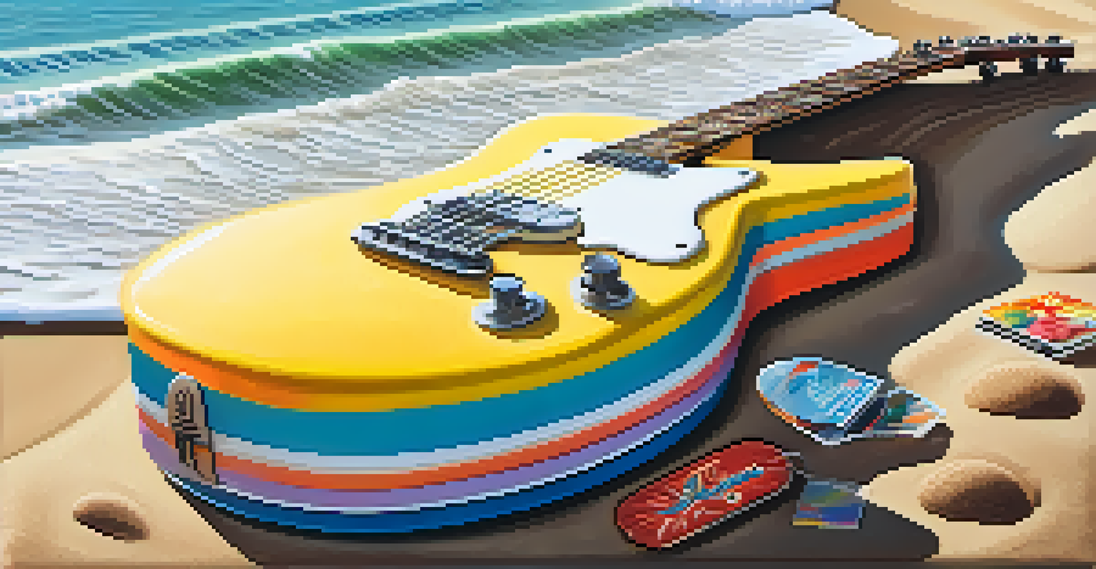 An electric guitar and a vintage surfboard on the beach with ocean waves in the background.