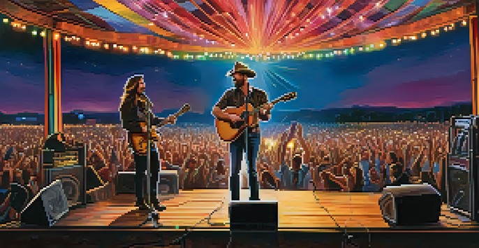 A lively country music stage at twilight with two singers sharing a microphone, surrounded by colorful lights and an enthusiastic audience.