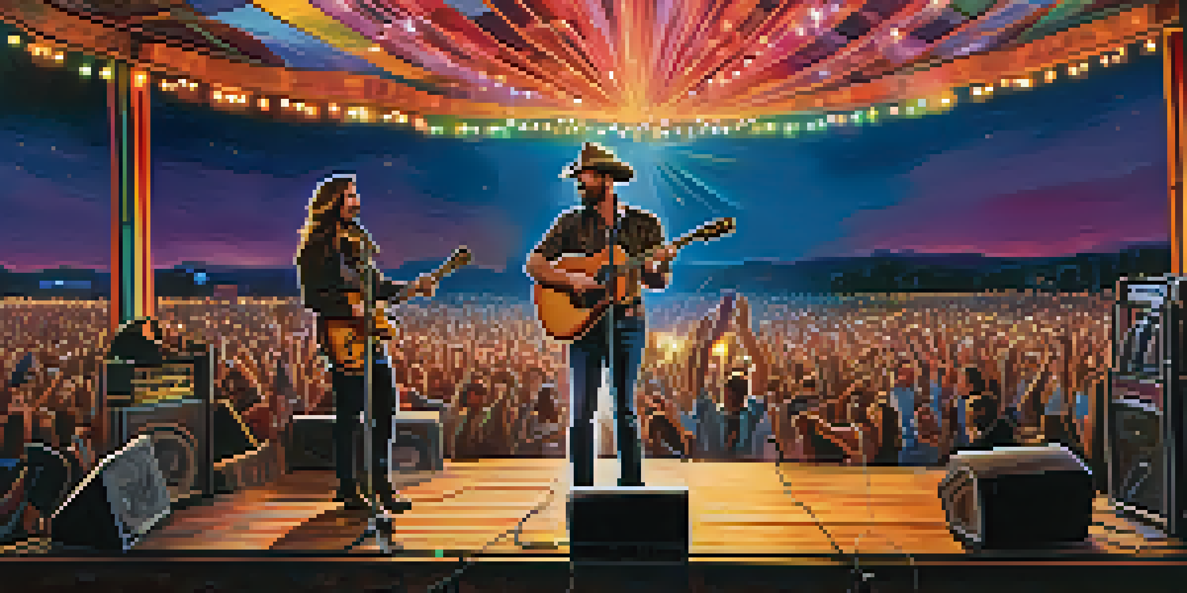 A lively country music stage at twilight with two singers sharing a microphone, surrounded by colorful lights and an enthusiastic audience.