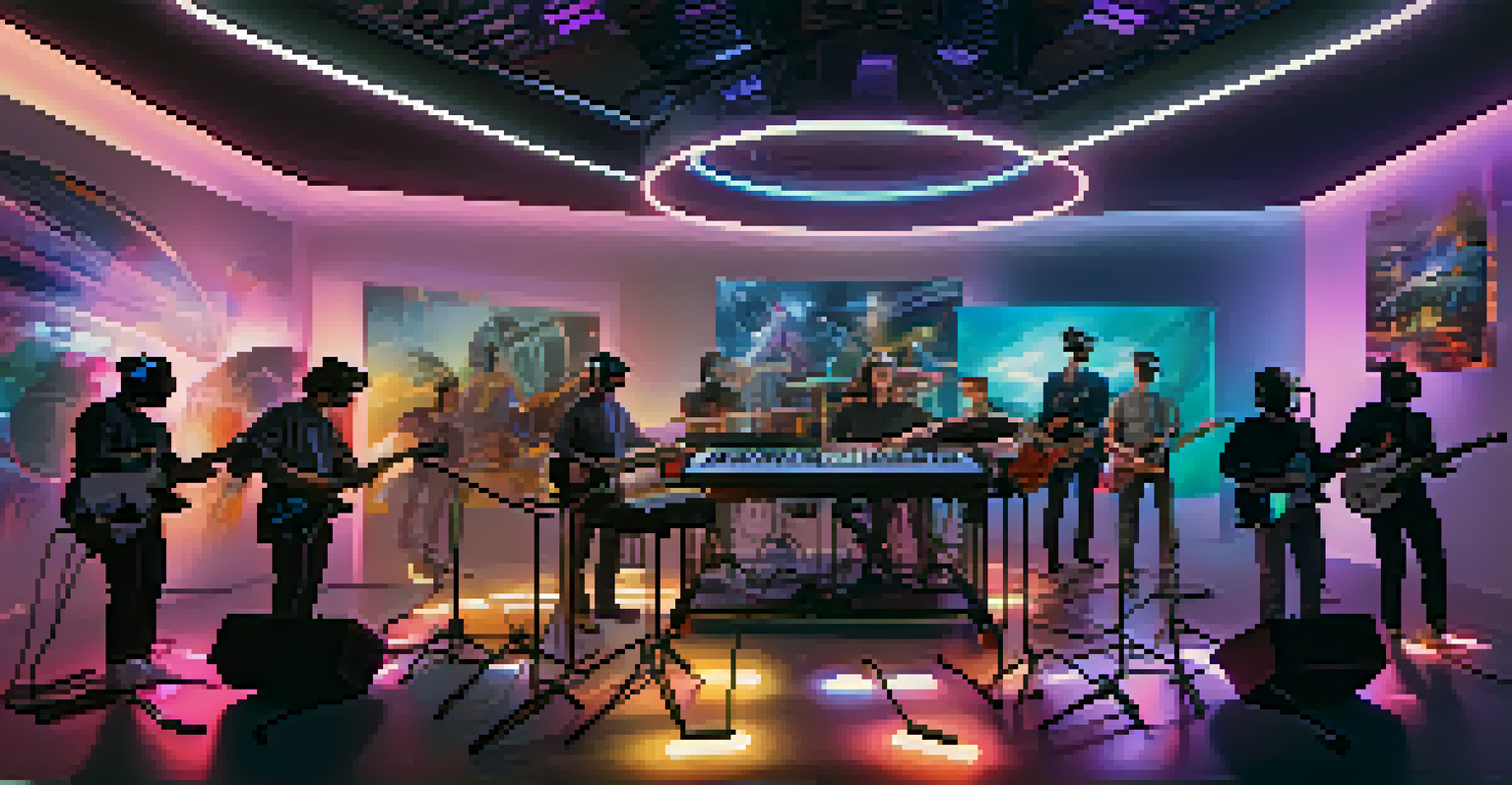 Musicians wearing VR headsets jamming together in a futuristic digital environment with floating instruments.