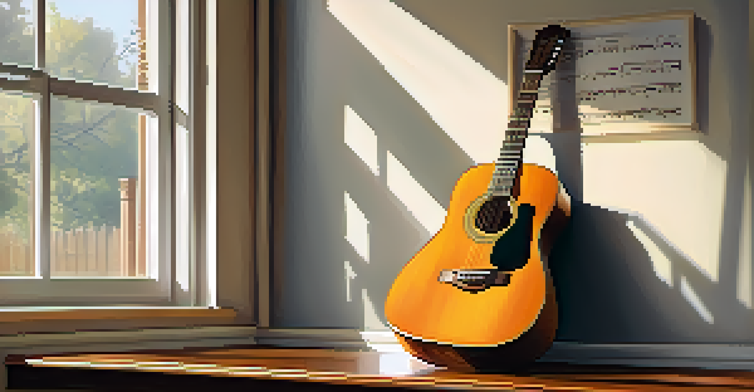 A guitar on a wooden table with sheet music in a sunlit room.