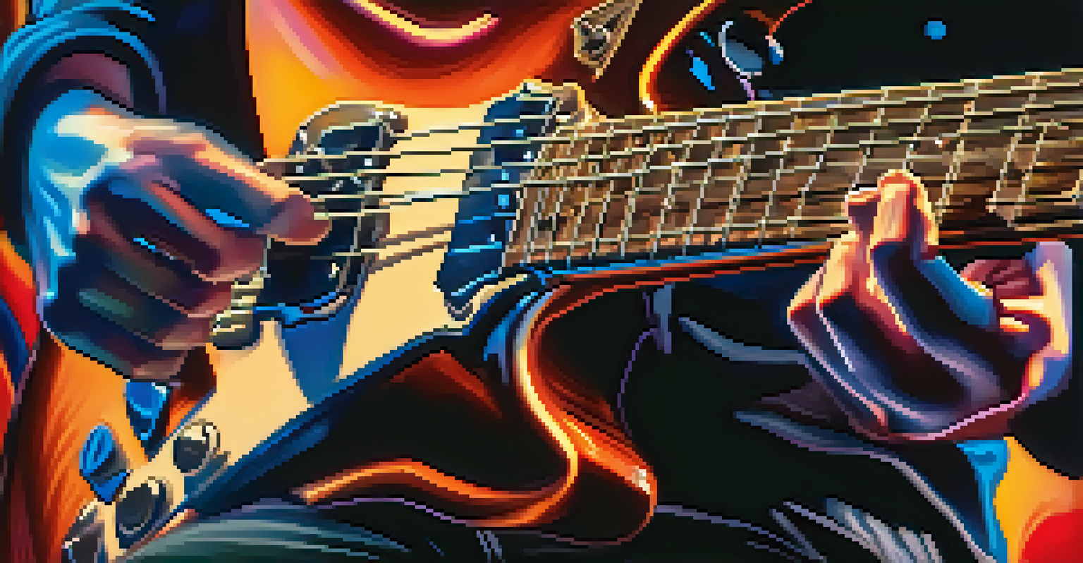 A guitarist's hands playing an electric guitar, with colorful stage lights in the background.