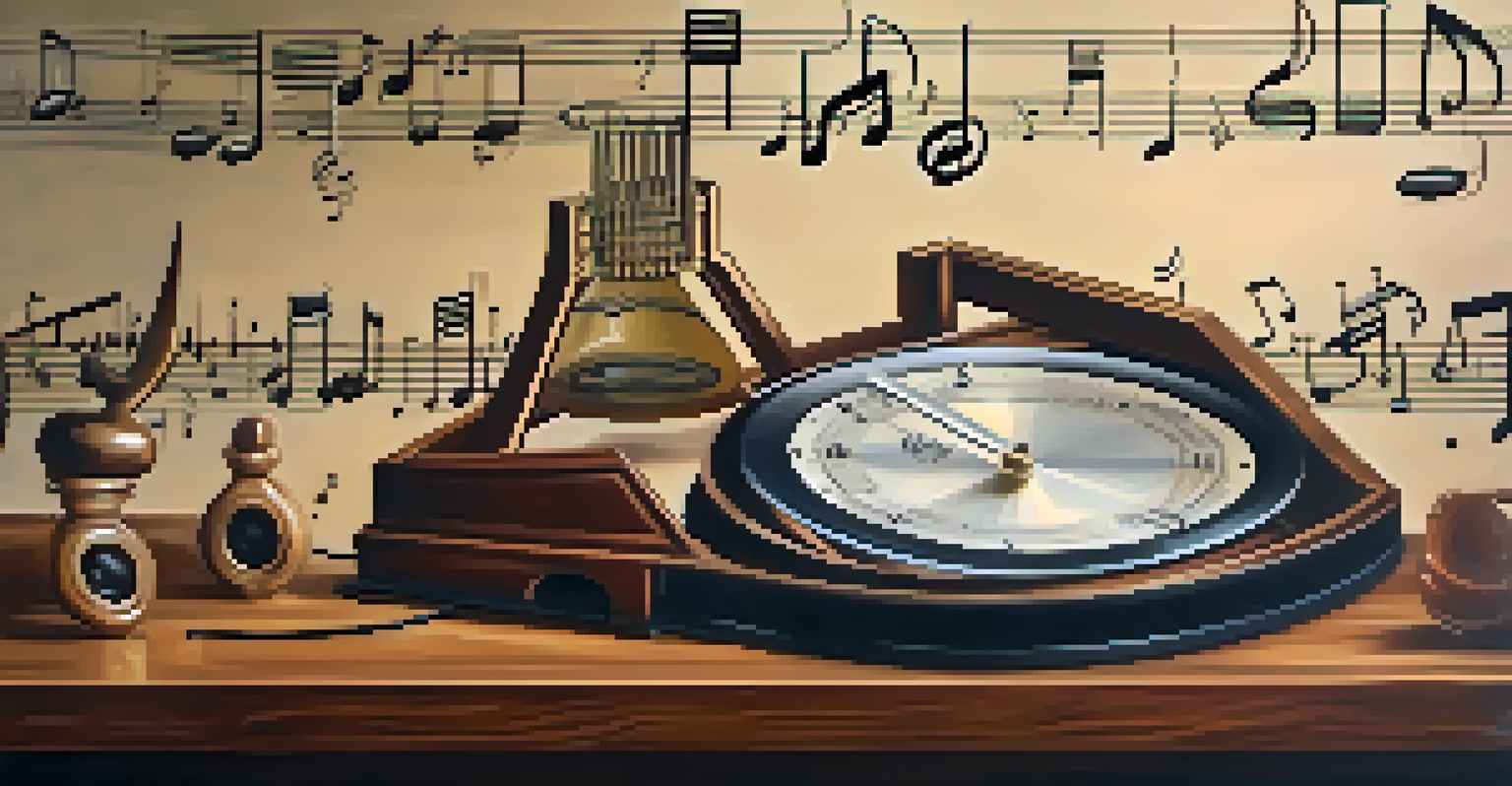 A vintage metronome surrounded by swirling musical notes and rhythmic patterns.
