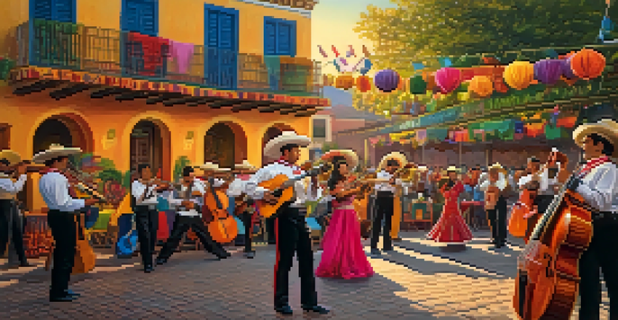 A lively mariachi band performing in a colorful plaza with musicians in traditional outfits playing various instruments during sunset.
