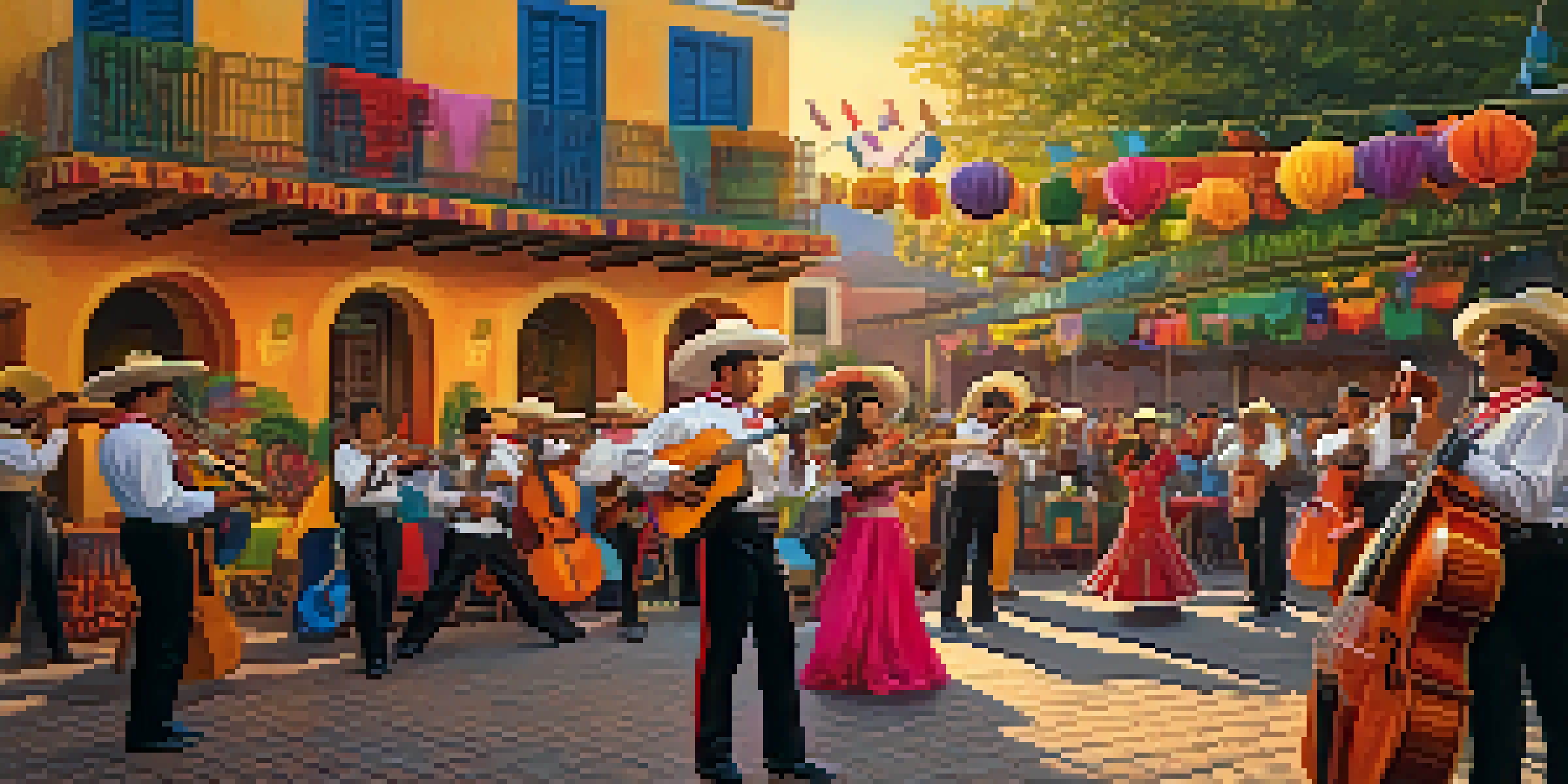 A lively mariachi band performing in a colorful plaza with musicians in traditional outfits playing various instruments during sunset.