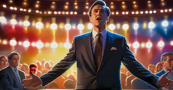 A confident speaker on stage engaging an audience with open body language and warm lighting.