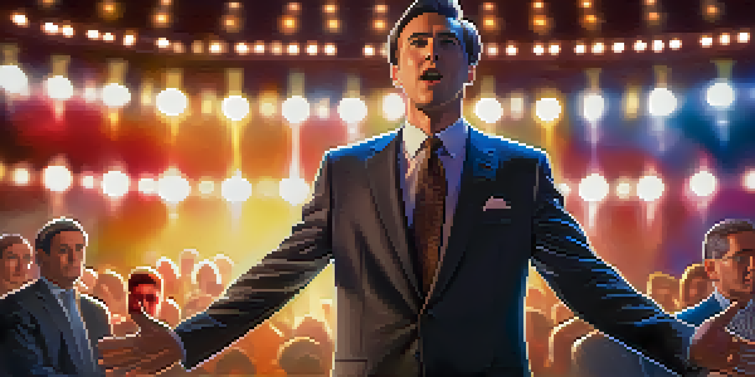 A confident speaker on stage engaging an audience with open body language and warm lighting.