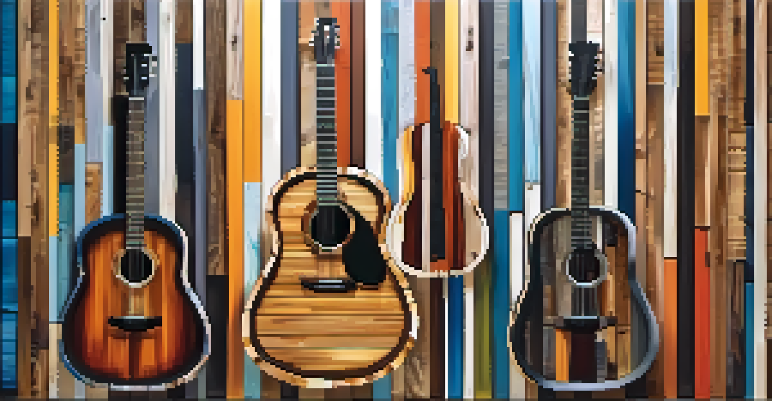 A collection of reclaimed wood planks arranged artistically with a handcrafted guitar in the foreground.