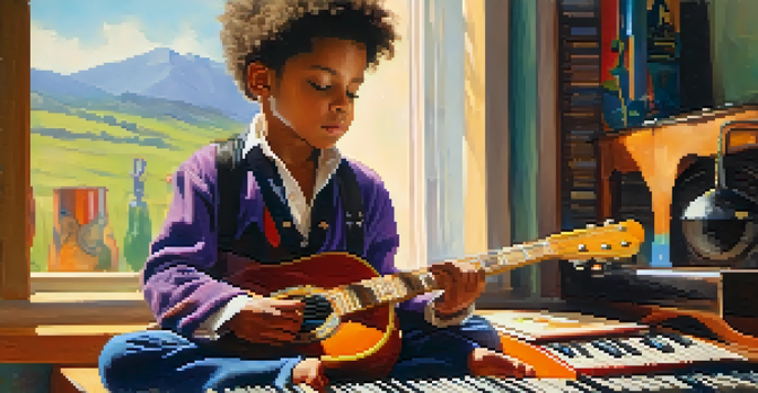 A young boy, Prince, writing music on a notebook surrounded by various musical instruments in a sunlit room.