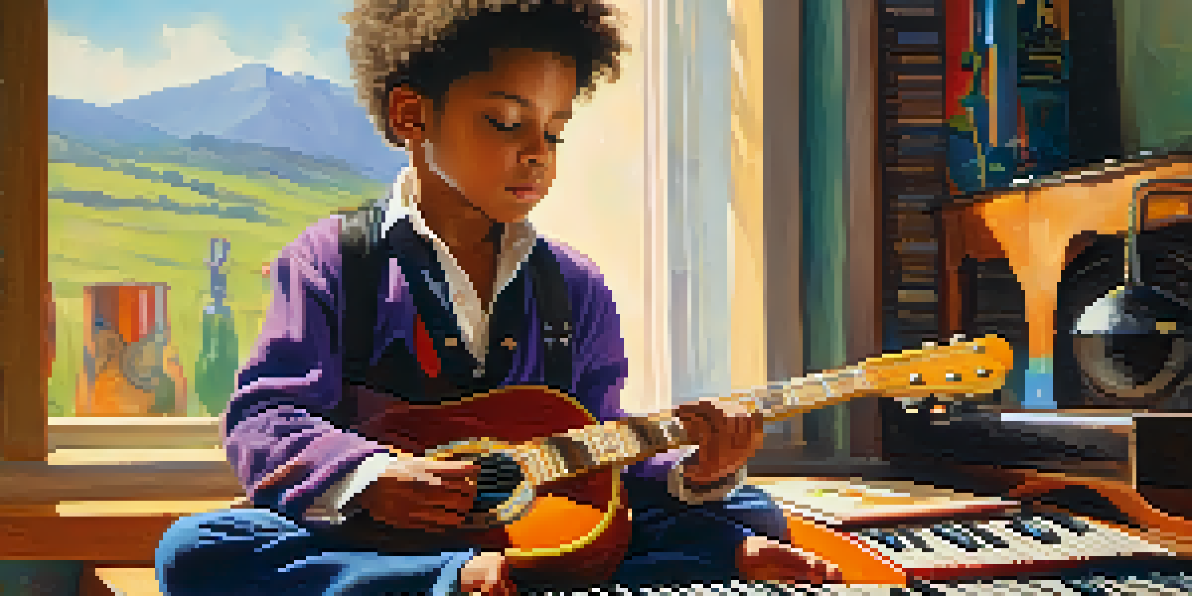 A young boy, Prince, writing music on a notebook surrounded by various musical instruments in a sunlit room.