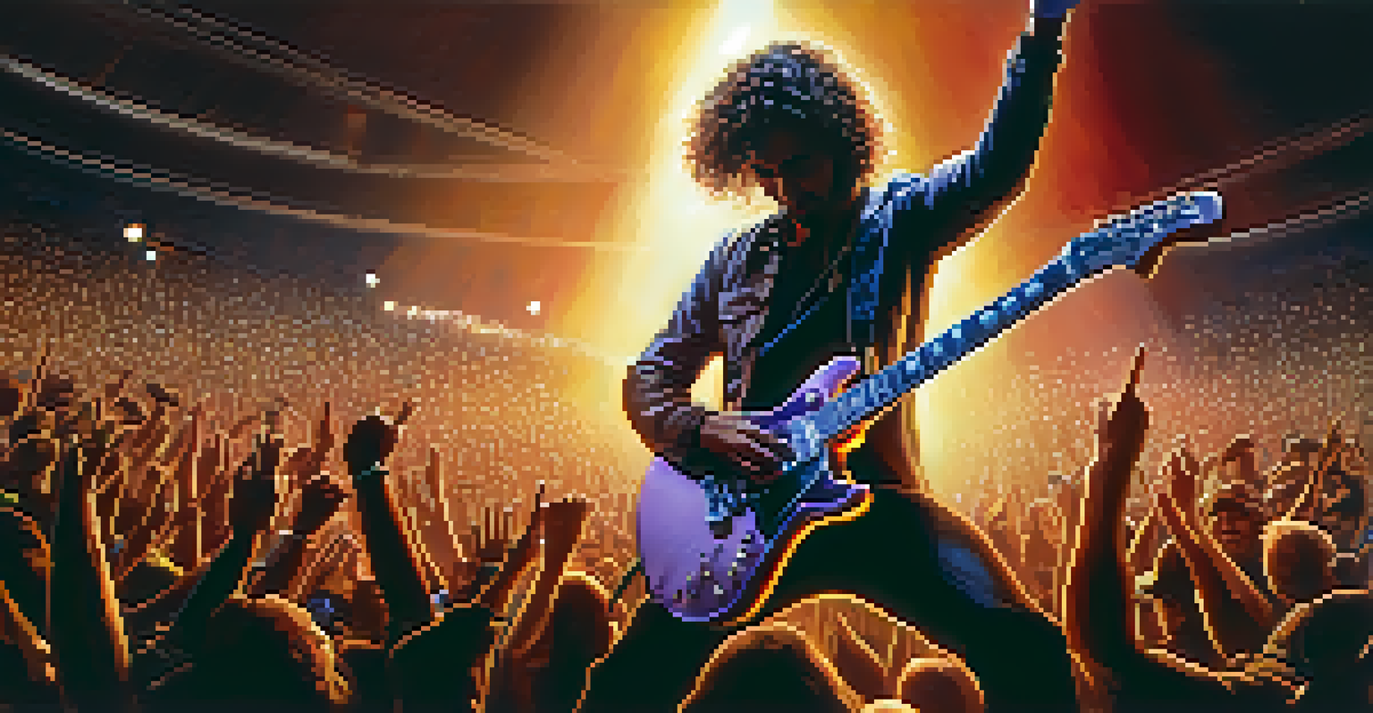 A musician playing an electric guitar on stage, surrounded by an excited crowd and dynamic lighting.