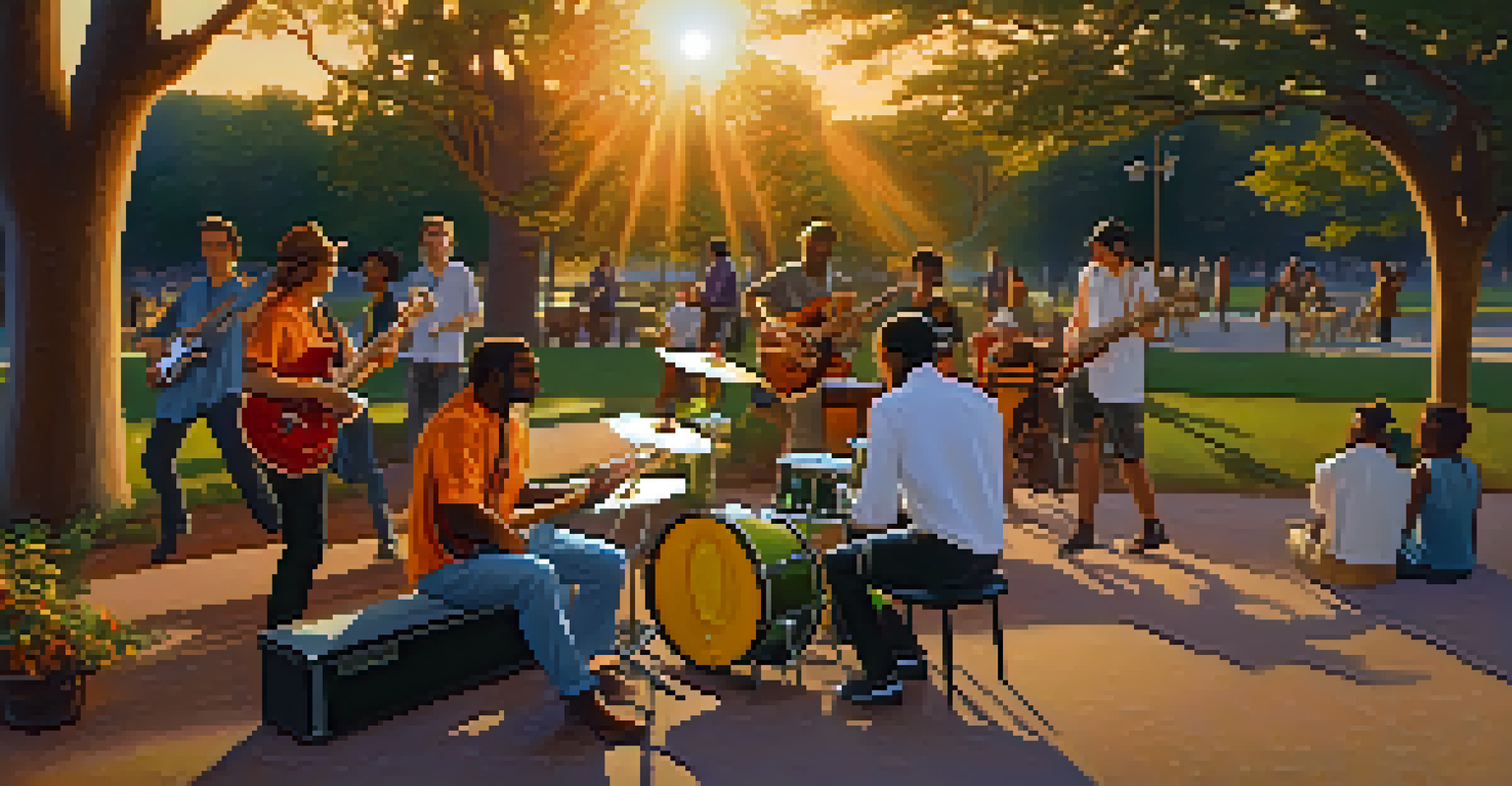Group of musicians jamming in a park with a rhythm guitarist in the foreground during sunset.
