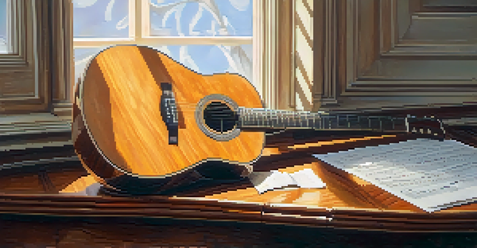 A close-up of an acoustic guitar on a wooden table with sheet music around it, illuminated by soft sunlight.