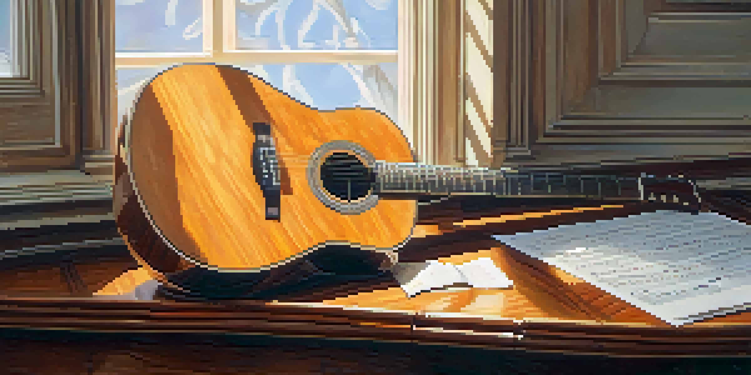 A close-up of an acoustic guitar on a wooden table with sheet music around it, illuminated by soft sunlight.