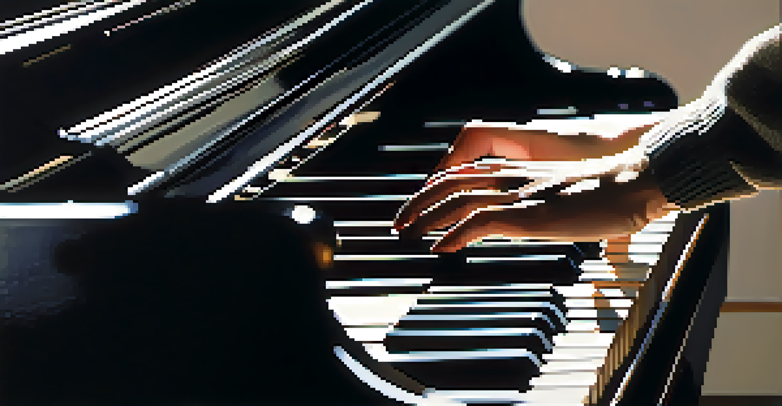 A close-up of hands playing a grand piano, with fingers pressing down the keys, illuminated by soft natural light from a window.