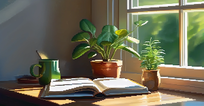 A peaceful workspace with a wooden desk, a journal, a cup of tea, and a potted plant, illuminated by sunlight.