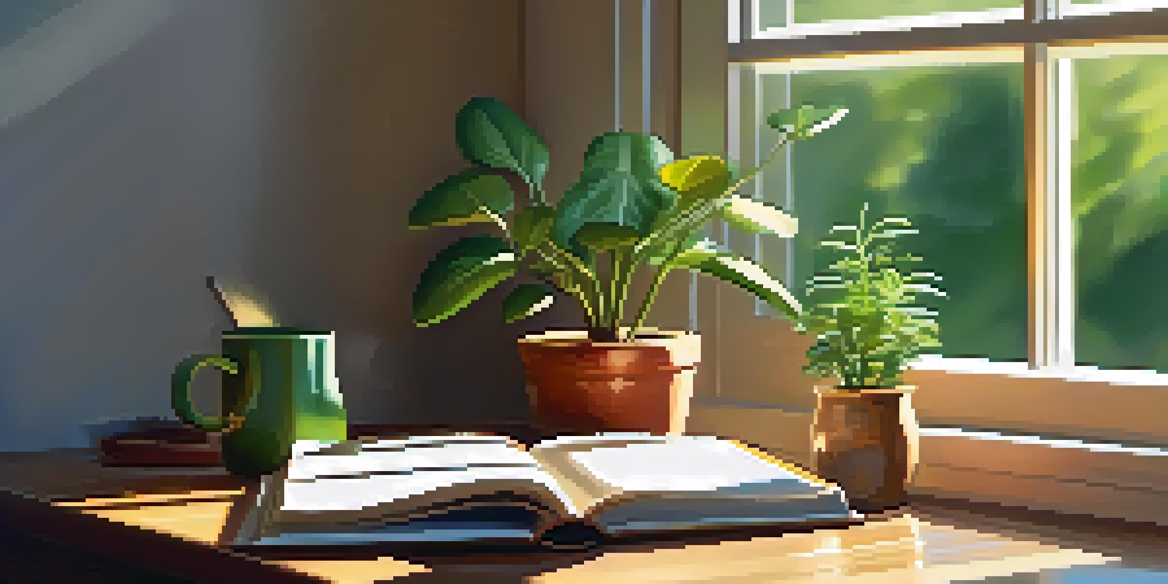 A peaceful workspace with a wooden desk, a journal, a cup of tea, and a potted plant, illuminated by sunlight.