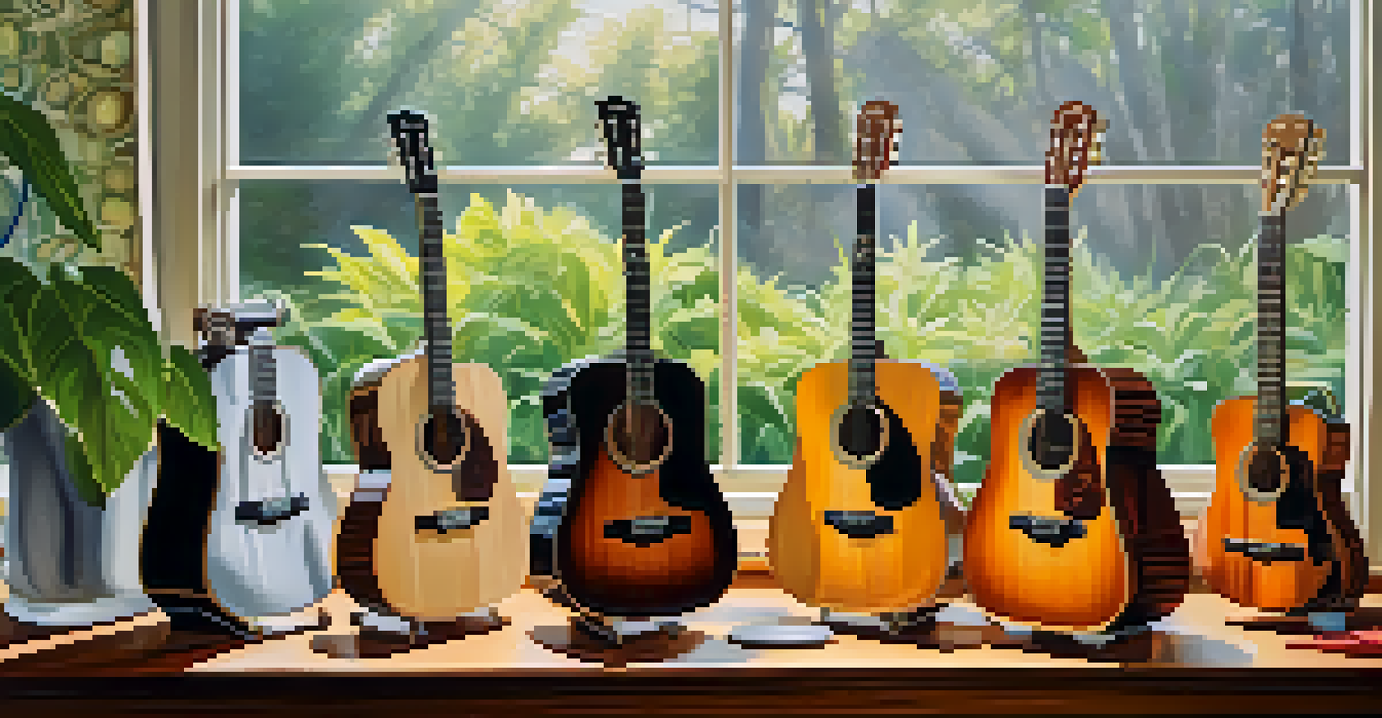 Various guitar humidifiers displayed on a polished wooden surface with greenery in the background.