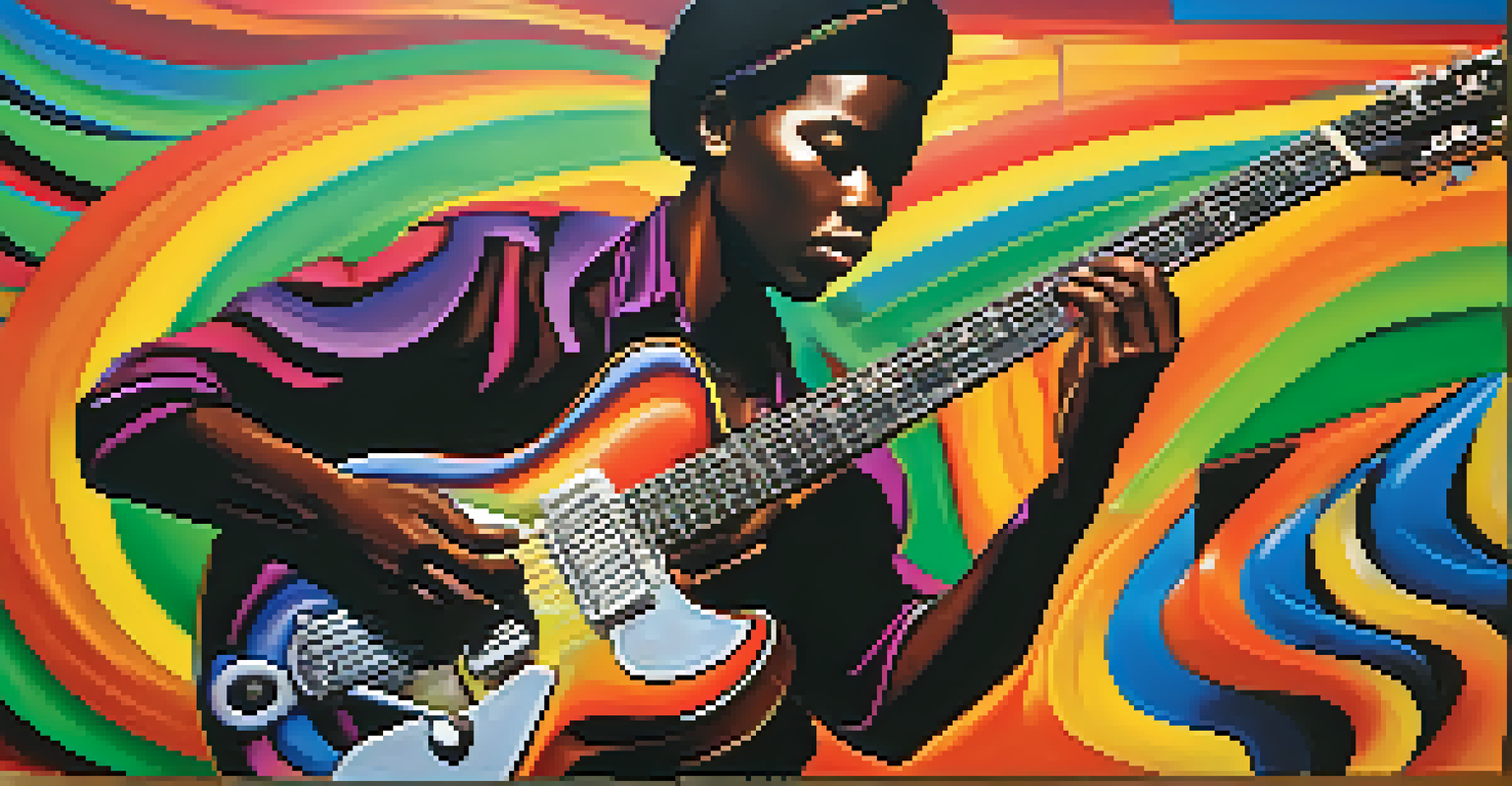An abstract representation of polyrhythms in music, showcasing a guitarist layering strumming patterns with colorful waves symbolizing sound waves.