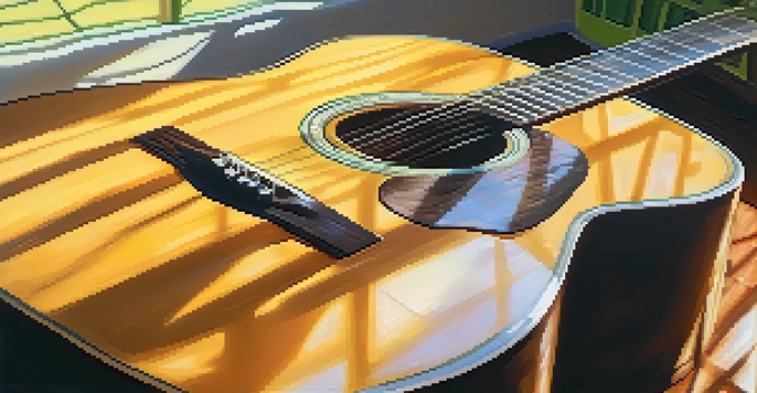 A close-up of an acoustic guitar on a wooden table, illuminated by sunlight, with a blurred green background.