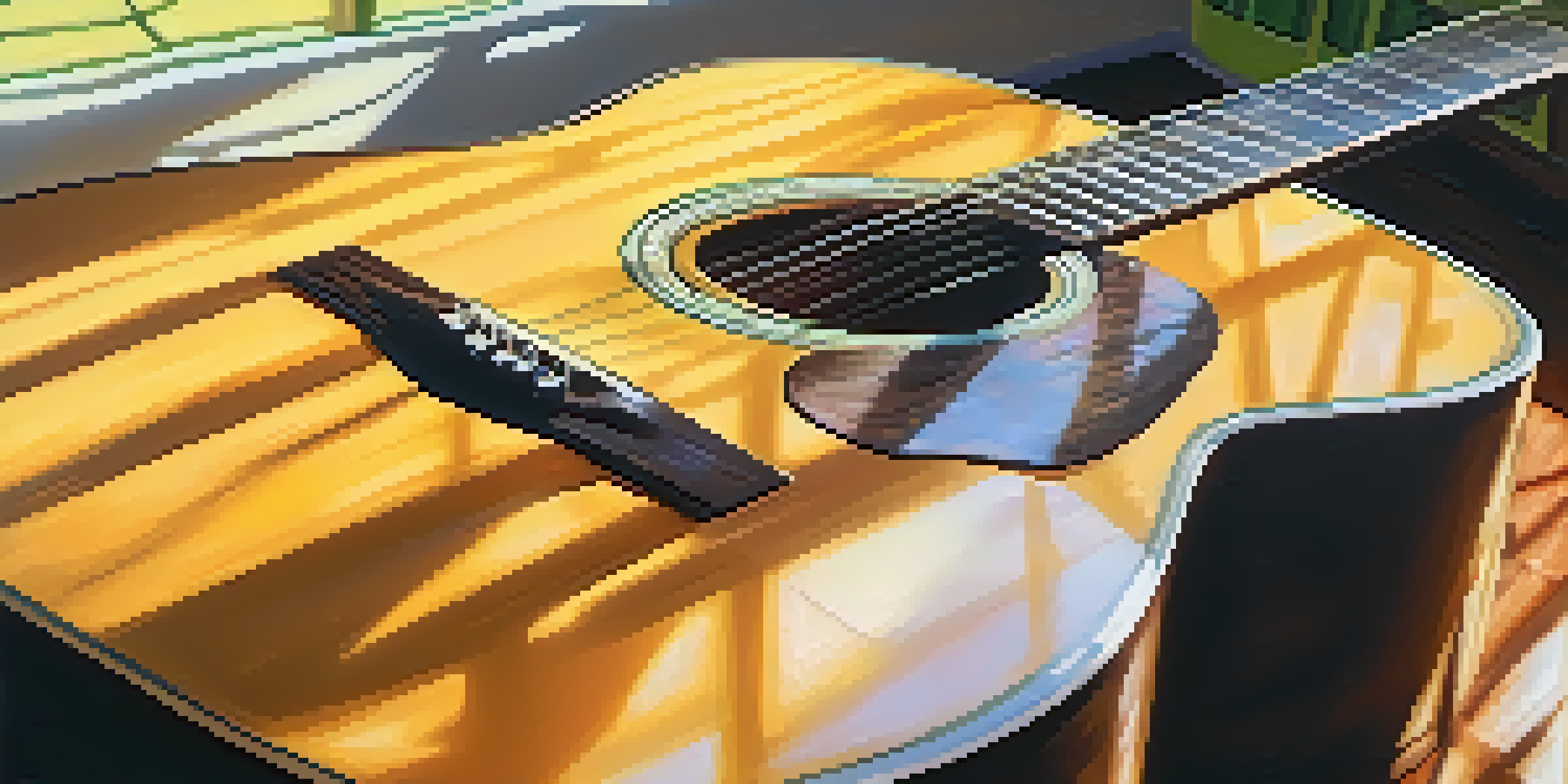 A close-up of an acoustic guitar on a wooden table, illuminated by sunlight, with a blurred green background.
