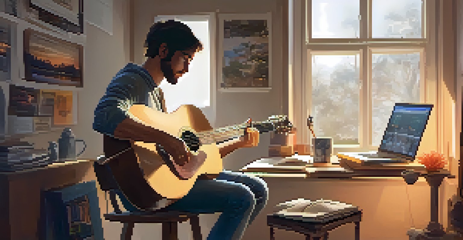 A guitarist in a cozy home studio, writing music with instruments and warm lighting.