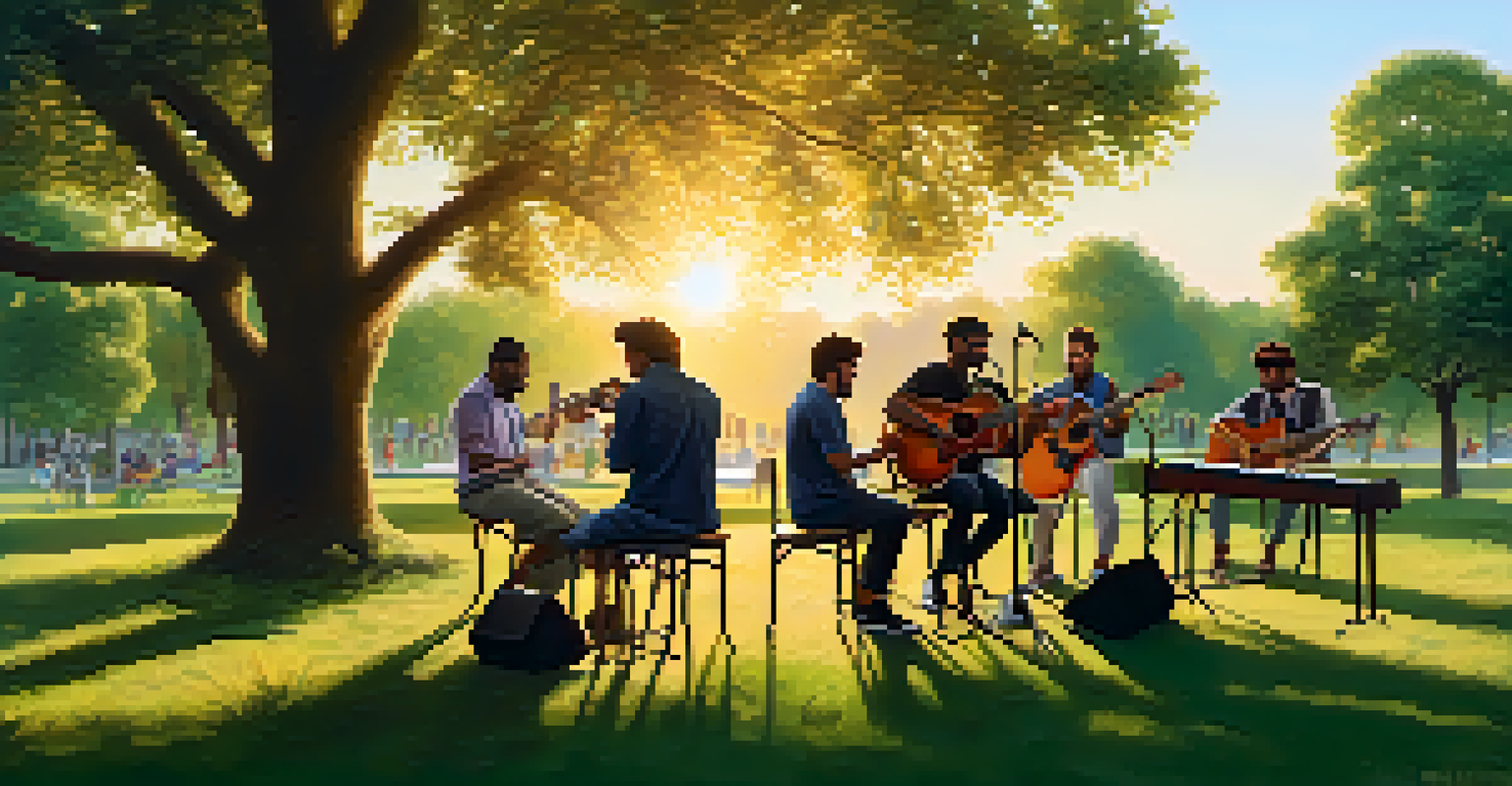 A group of musicians playing instruments in a park during sunset, surrounded by greenery.