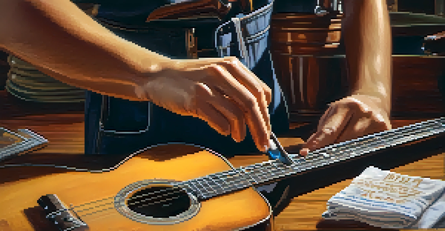 A musician testing a guitar cleaning product on a vintage guitar with a soft cloth, set in a warm atmosphere with musical notes in the background.