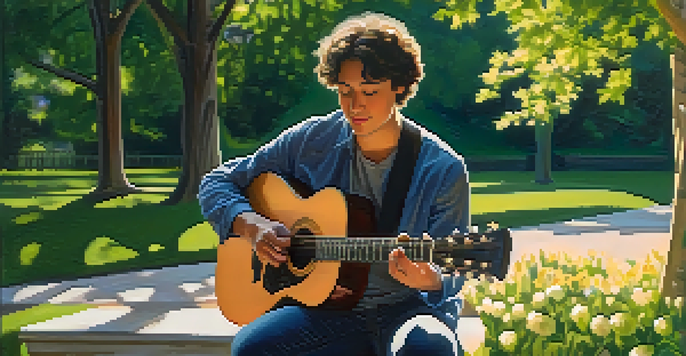 A musician playing an acoustic guitar in a sunlit park surrounded by flowers and trees, conveying tranquility.