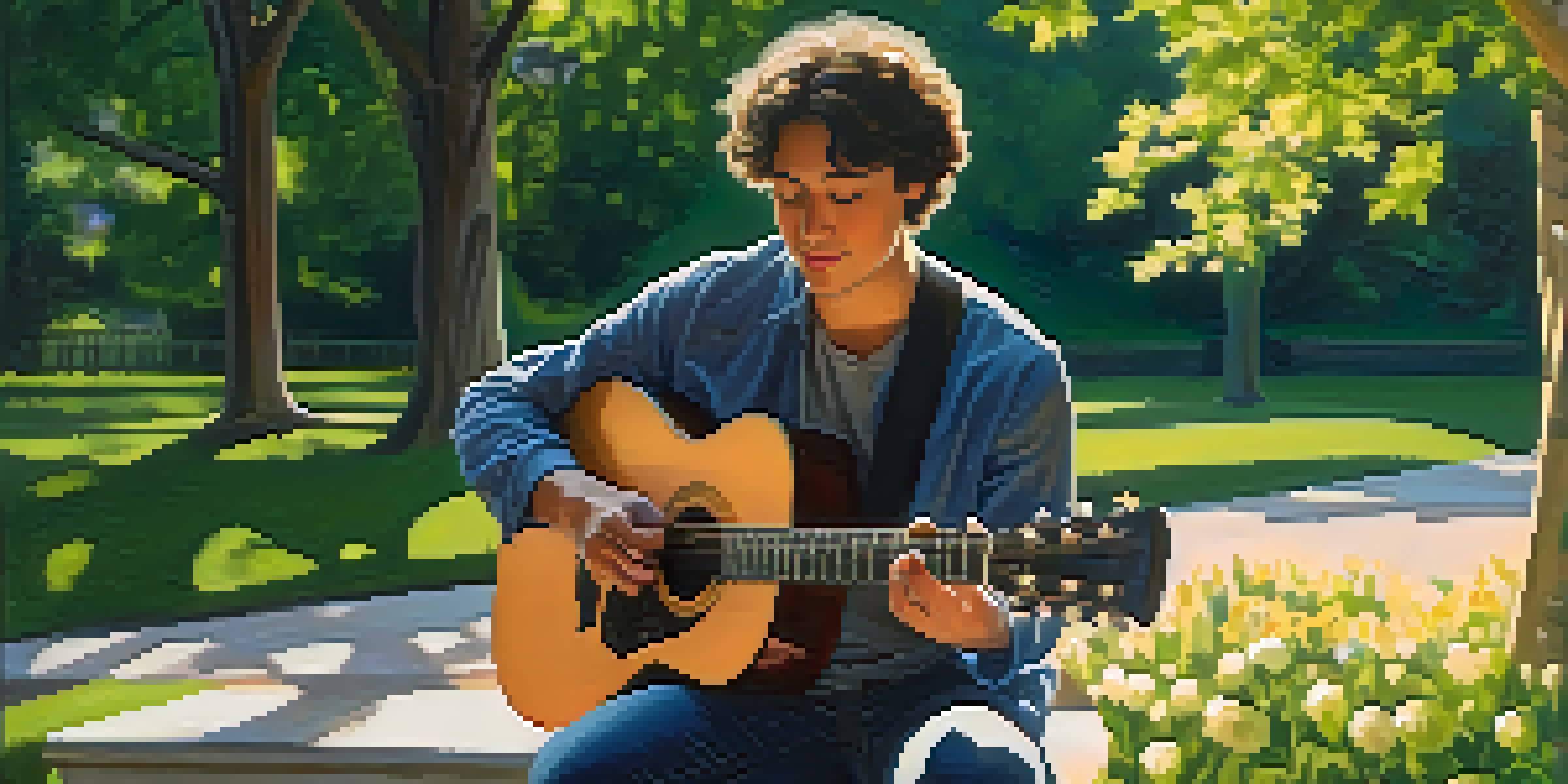 A musician playing an acoustic guitar in a sunlit park surrounded by flowers and trees, conveying tranquility.
