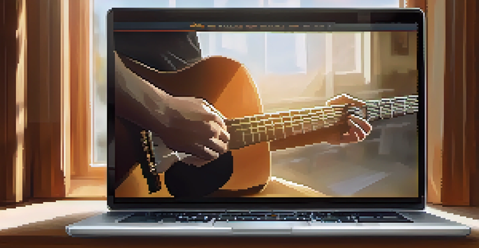 A laptop screen showing an online guitar forum, with a guitarist practicing in a sunlit room in the background.