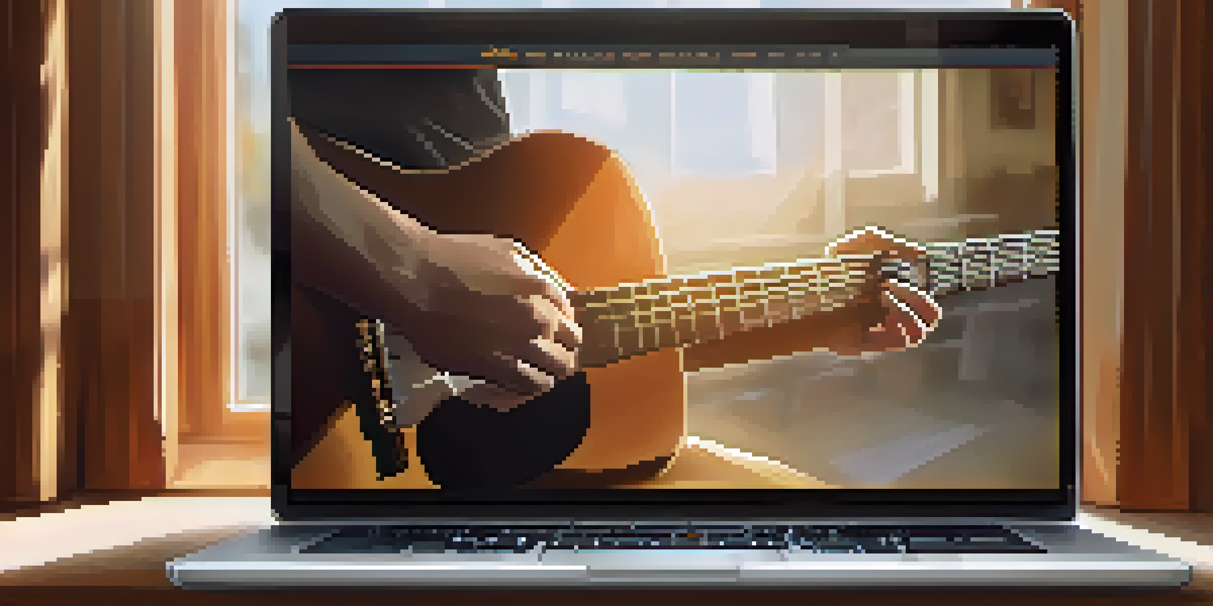 A laptop screen showing an online guitar forum, with a guitarist practicing in a sunlit room in the background.