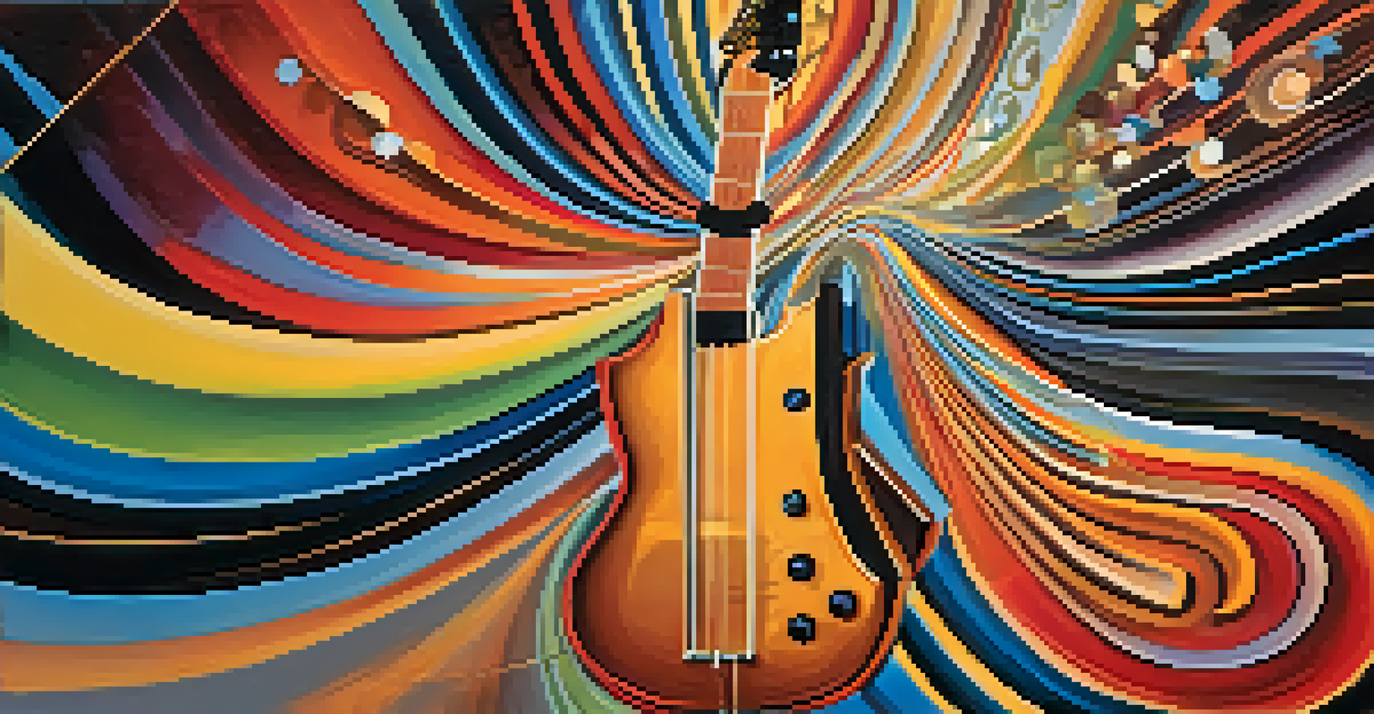 Abstract depiction of sound waves and musical notes flowing from a jazz guitar against a colorful background.