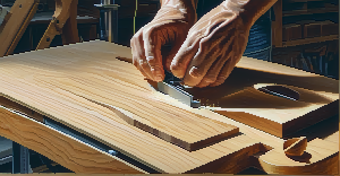 A woodworker shaping an electric guitar body with a jigsaw in a workshop, surrounded by tools and wood shavings.