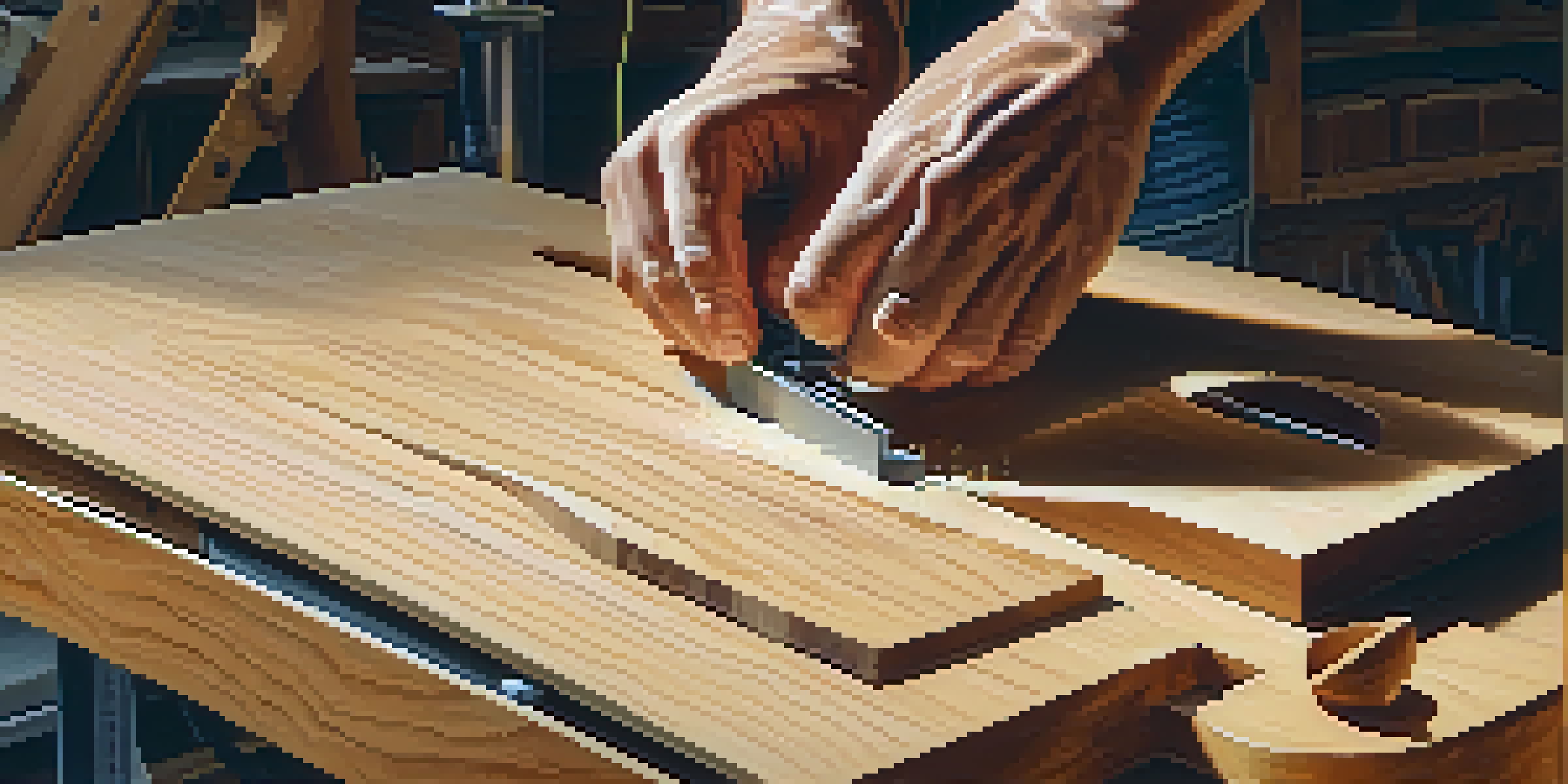 A woodworker shaping an electric guitar body with a jigsaw in a workshop, surrounded by tools and wood shavings.