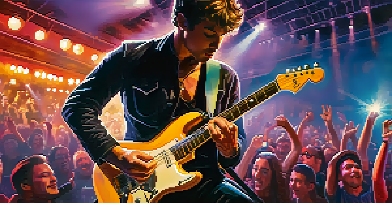A guitarist performing on stage with colorful lights and an enthusiastic crowd in the background.