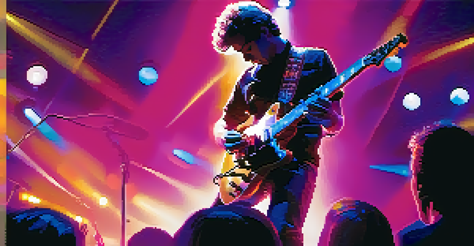 A guitarist playing an electric guitar on stage with a distortion pedal visible at their feet, surrounded by colorful stage lights.