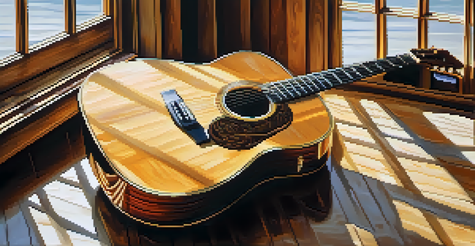 A close-up image of an acoustic guitar on a wooden table, with sunlight illuminating its details.
