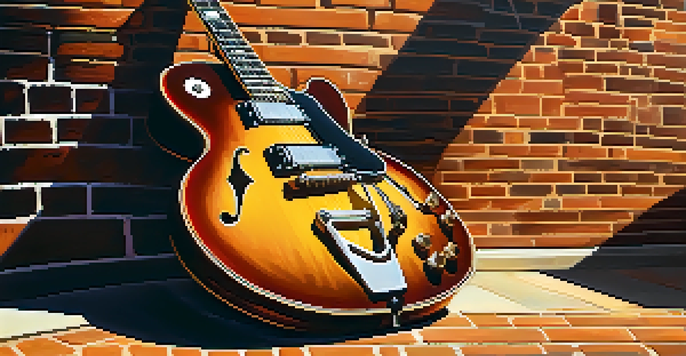 A close-up of a jazz guitar against a brick wall, illuminated by sunlight, with blurred silhouettes of musicians in the background.