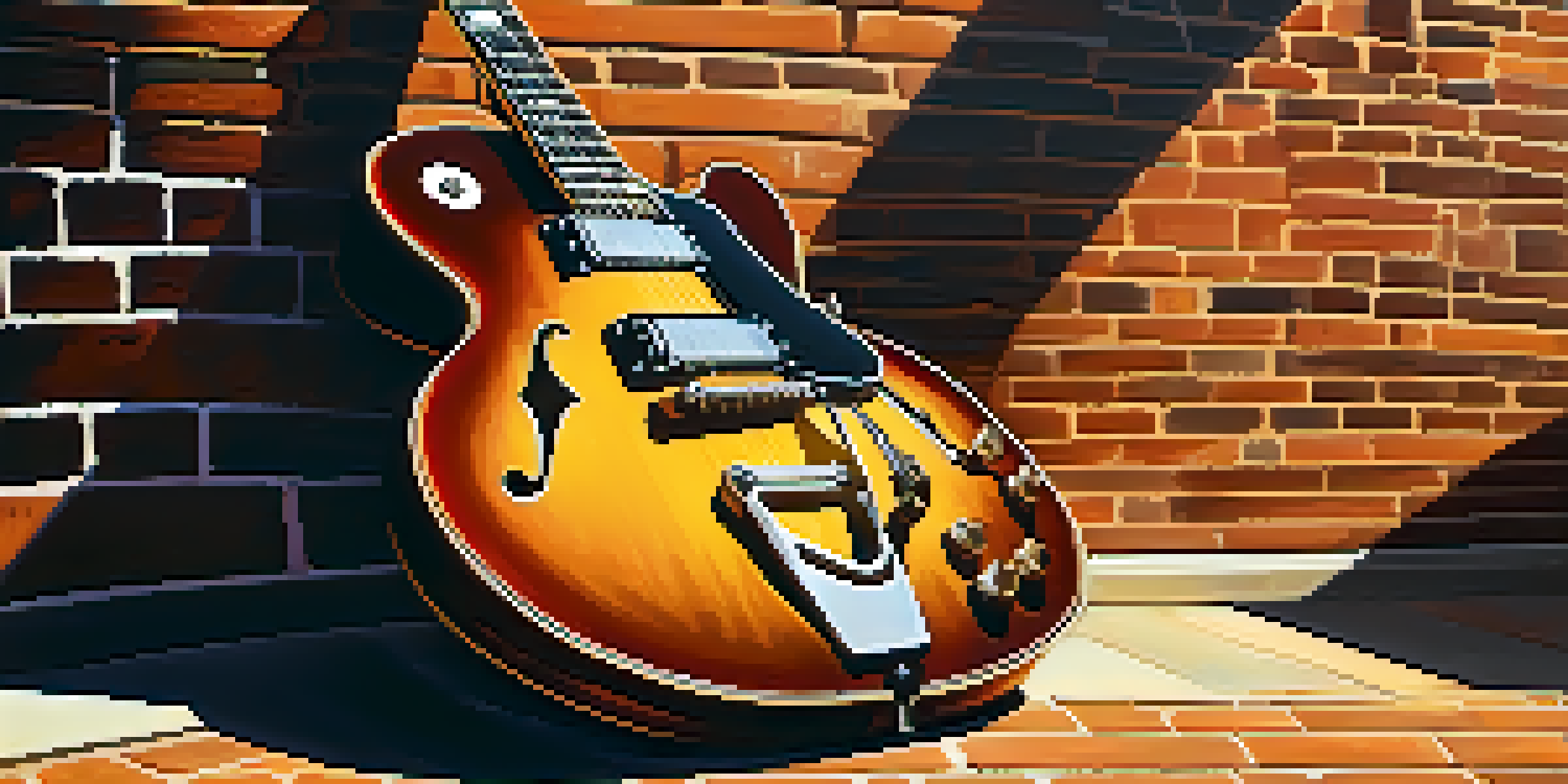 A close-up of a jazz guitar against a brick wall, illuminated by sunlight, with blurred silhouettes of musicians in the background.
